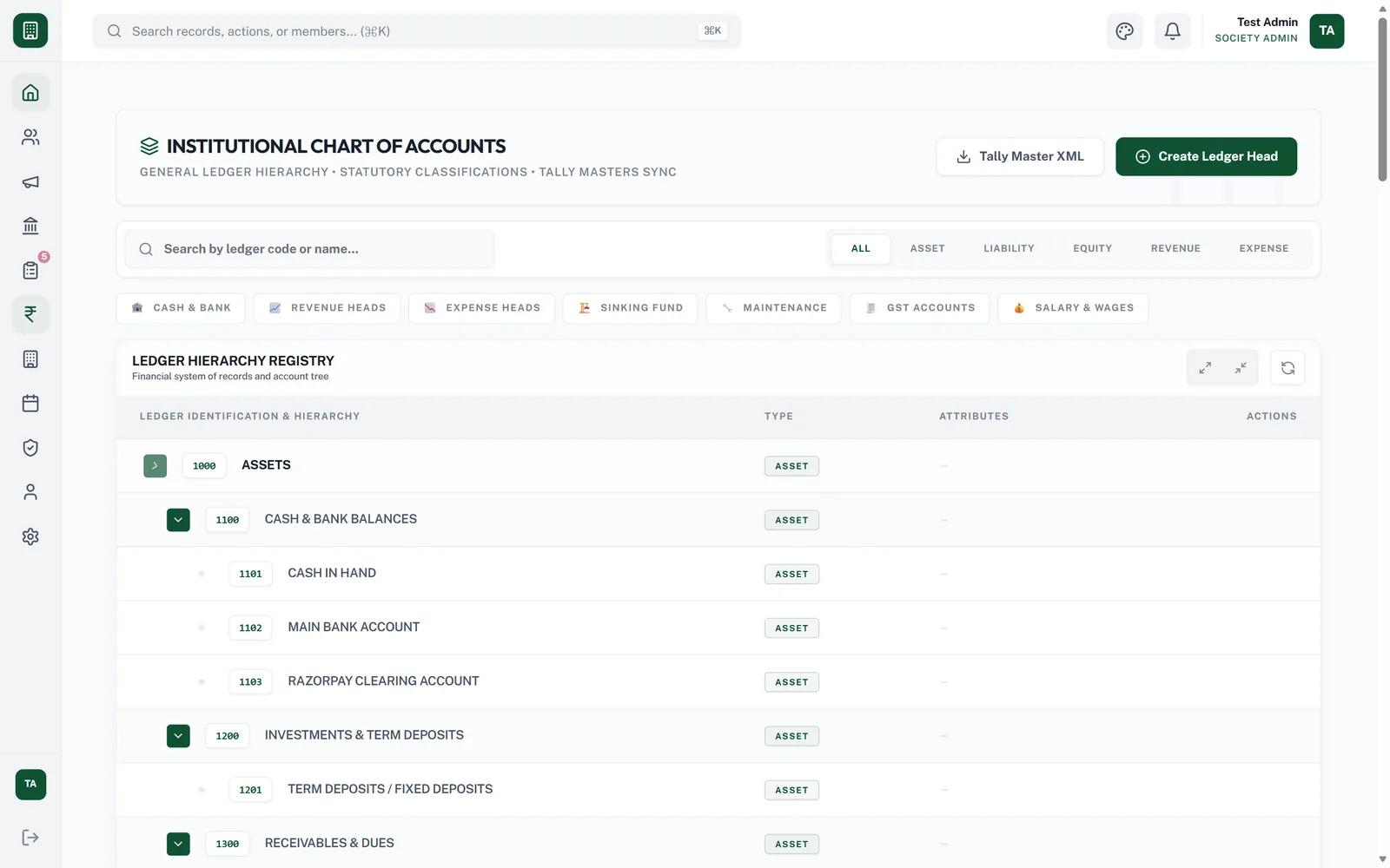 Committee portal — the chart of accounts
