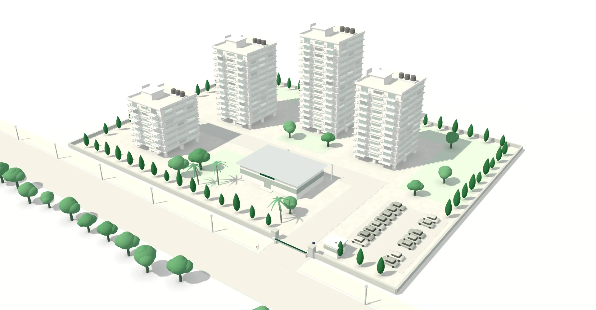 A model of a housing society: four residential towers, a society office, a gated compound wall, trees and street lamps.